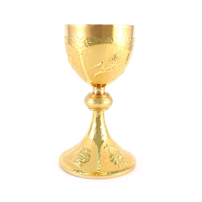 Calice ottone dorato cesellato simboli liturgici 22 cm