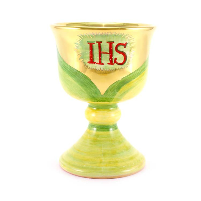Cáliz de cerámica verde-oro con IHS 15 cm Cáliz de cerámica verde-oro con IHS 15 cm