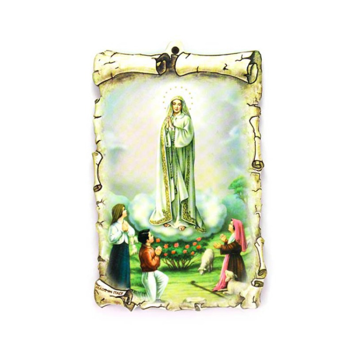 Quadretto pergamena mdf con oro a caldo Madonna di Fatima 10x15 cm Quadretto pergamena mdf con oro a caldo Madonna di Fatima 10x15 cm