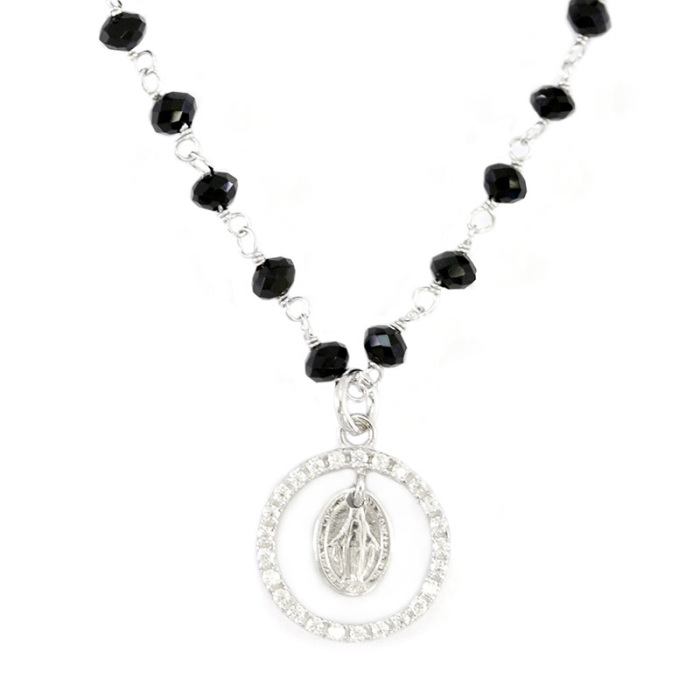 Rhodium Silver Necklace Crystal Grain & Medal 14 mm