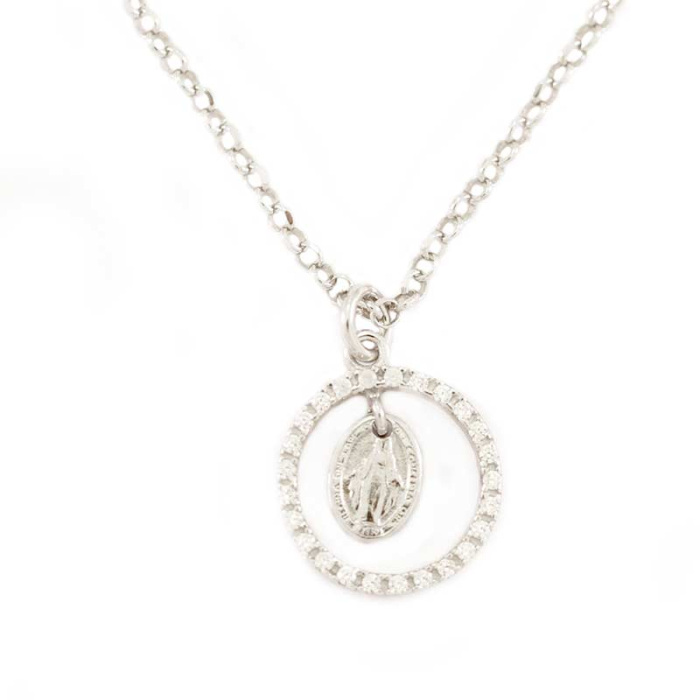 Collar de plata rodio Milagrosa con pedrería Diámetro 14 mm