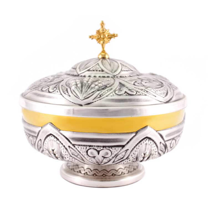 Silvery Brass Chiseled Ciborium with symbols 14 cm Silvery Brass Chiseled Ciborium with symbols 14 cm