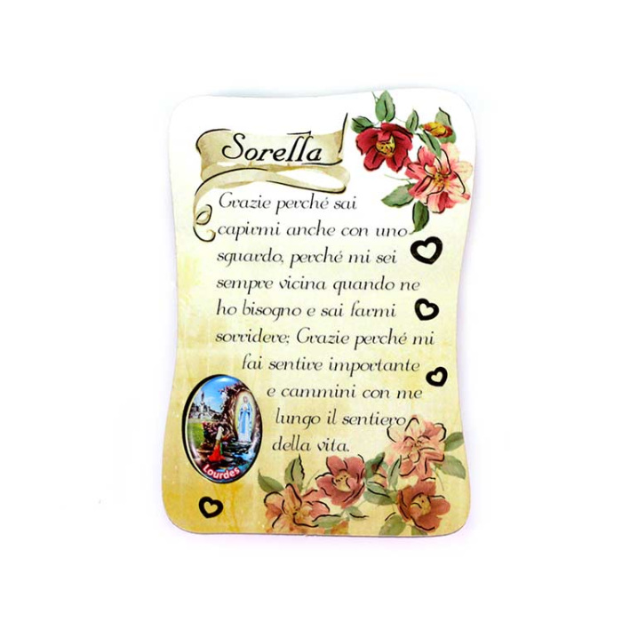 Imán de pergamino con dedicatoria a la hermana 5,5x8 cm