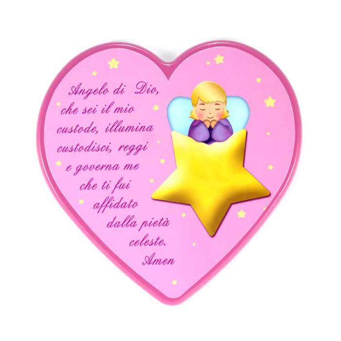Quadretto cuore rosa Preghiera Angelo di Dio 21x21 cm