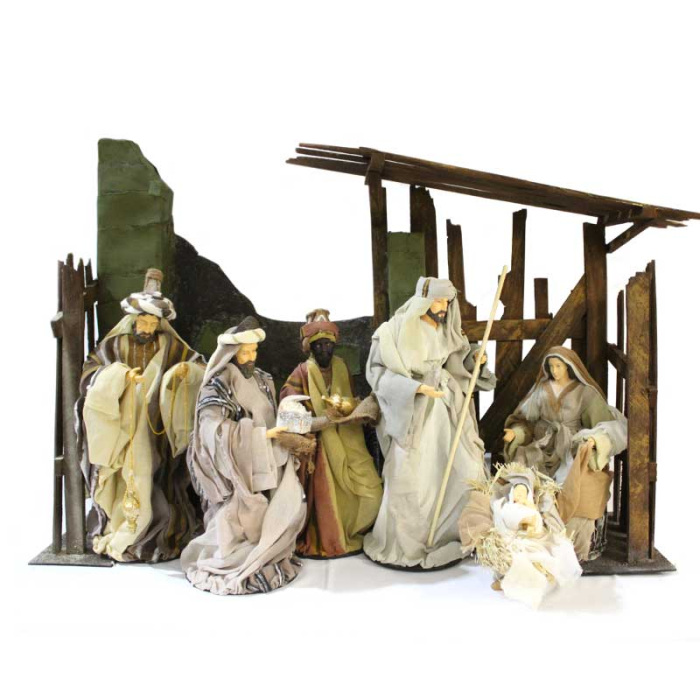 Cabaña con Belén y Reyes Magos 105x70x28 cm