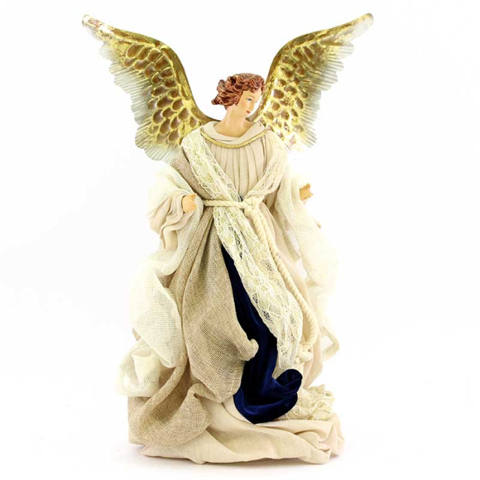 Ángel beige con encaje y terciopelo azul 35 cm