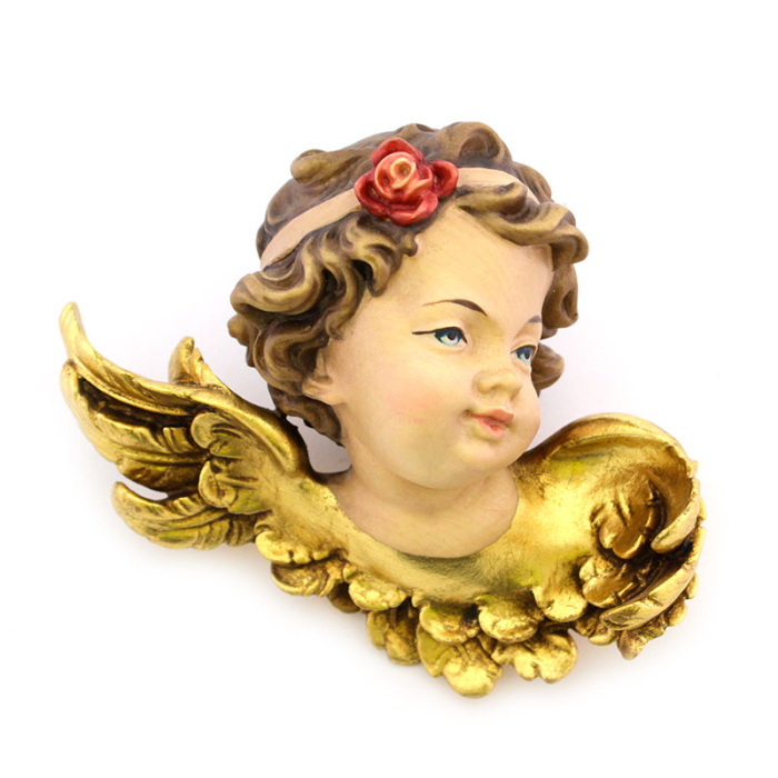 Cabeza de ángel de madera pintada con flor rosada 15x12 cm Cabeza de ángel de madera pintada con flor rosada 15x12 cm