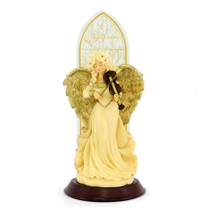 Ángel de resina con violín y vidriera 28 cm