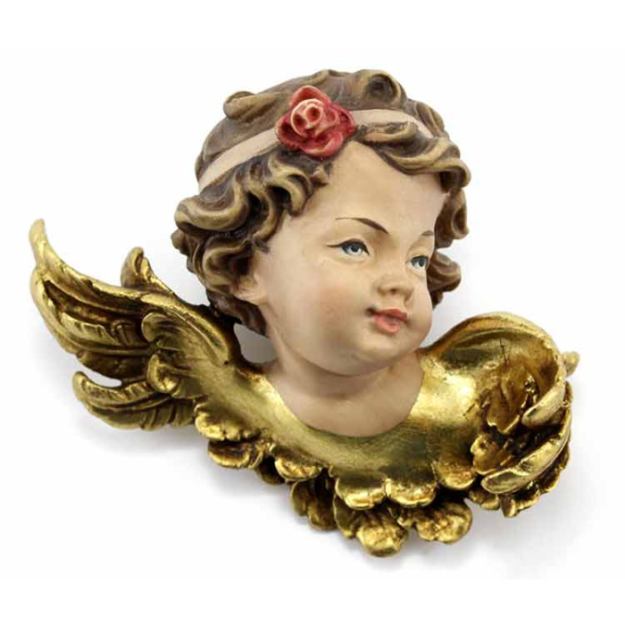 Cabeza de ángel de madera pintada con flor 10 cm Cabeza de ángel de madera pintada con flor 10 cm