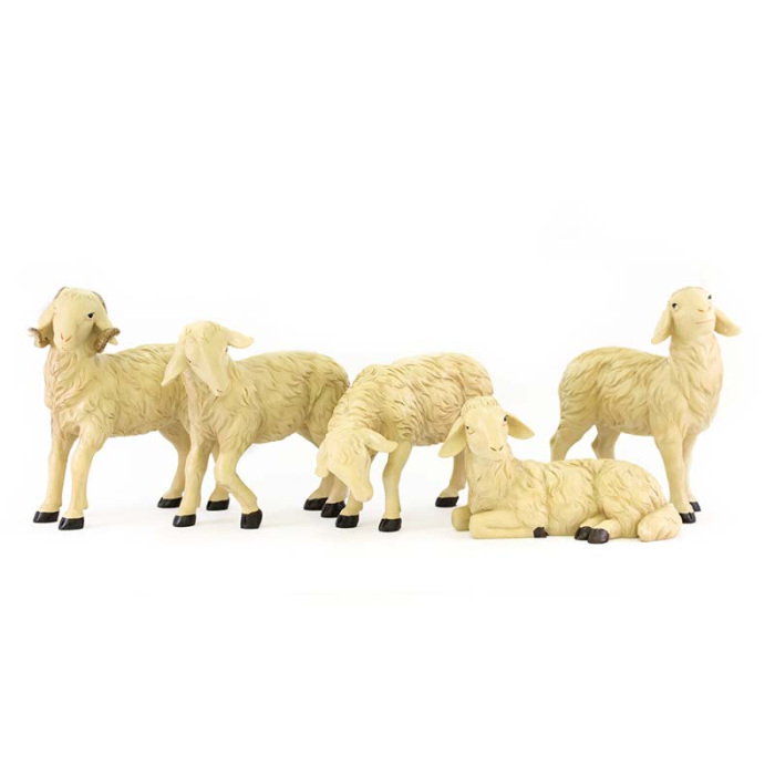 Set 4 pecore e ariete per presepe in resina colorata 20x22 cm