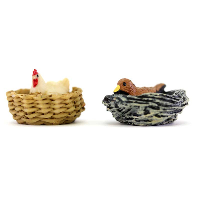 Set 2 nidi con gallina e uccello resina 3,5x2 cm