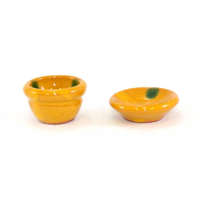 Cuenca y plato de terracota con esmalte 2 piezas