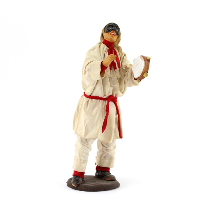 Pulcinella in terracotta vestita con tamburello 18 cm