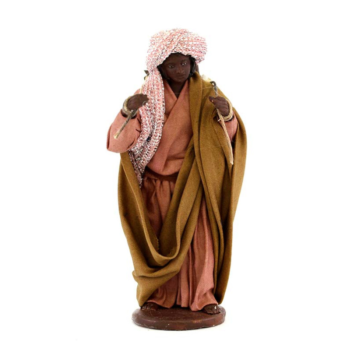 Donna mora con cesto e bimbo in terracotta vestita 12 cm