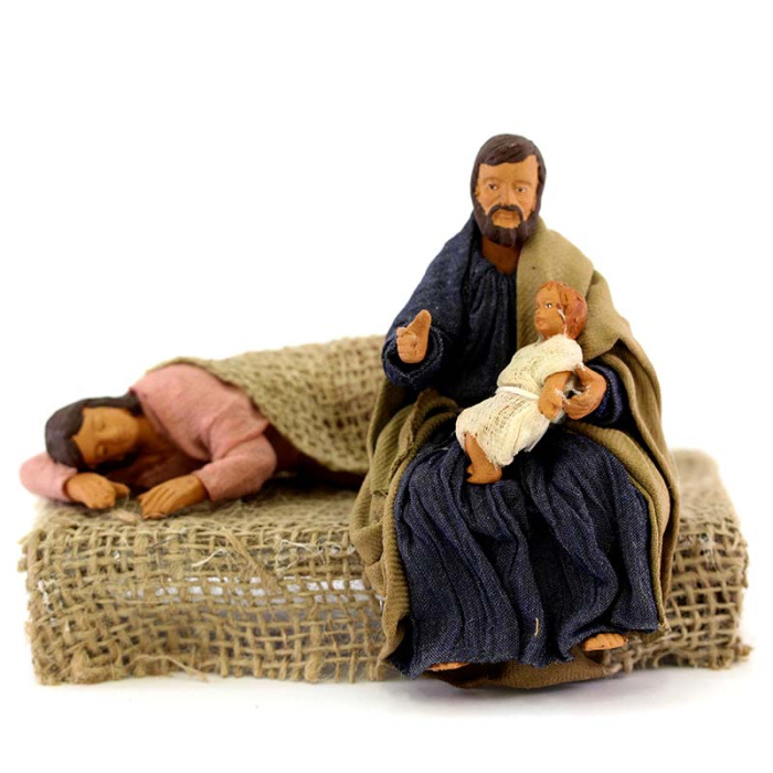 Madonna che dorme e San Giuseppe con bimbo terracotta vestita 12 cm