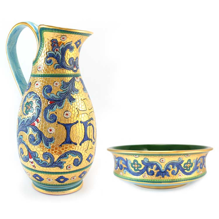 Brocca lavabo con piatto in ceramica decoro bizantino 35 cm