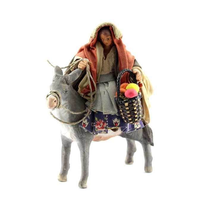 Donna su asino in terracotta vestita 10 cm
