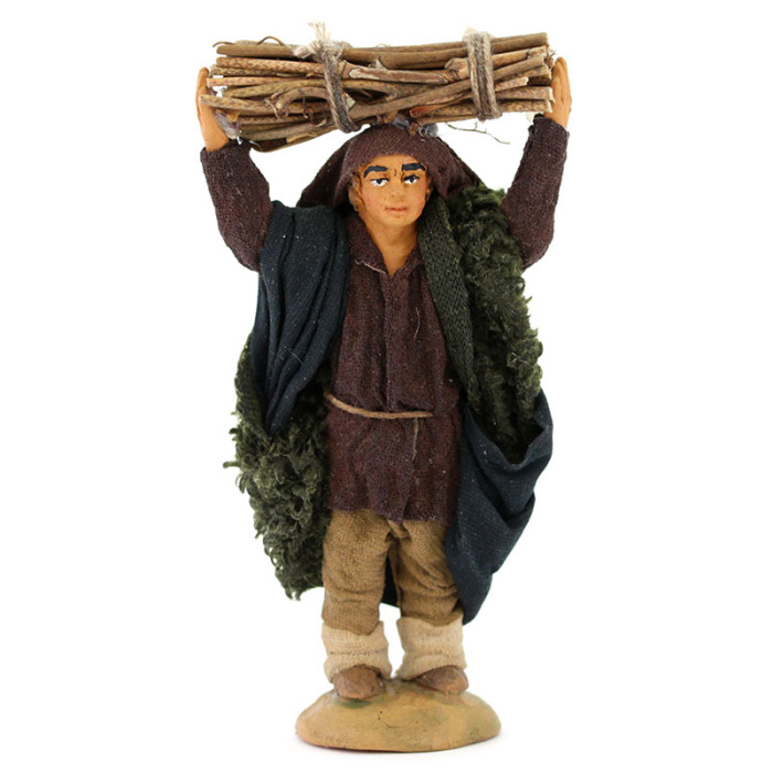 Uomo con legna in testa terracotta vestita 10 cm