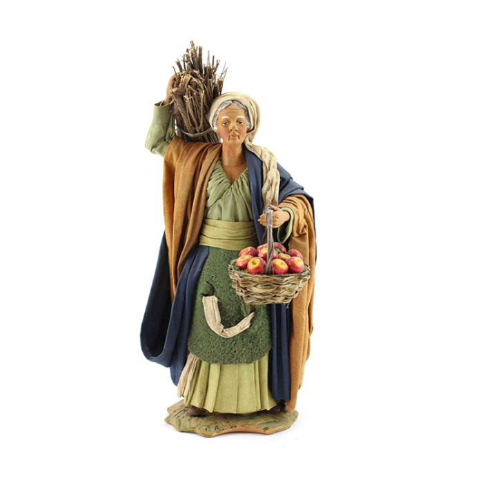 Donna con legna e cesto di mele in terracotta vestita 24 cm