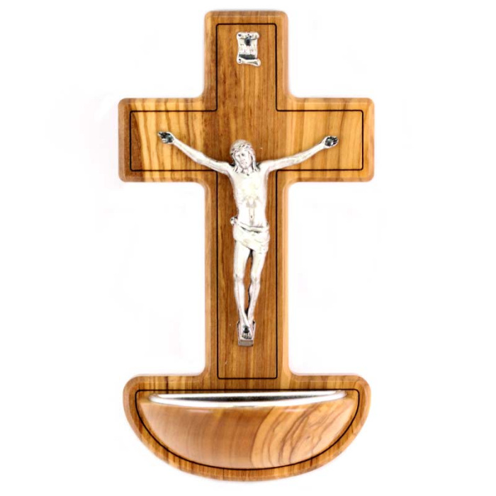 Acquasantiera Crocifisso legno ulivo 17 cm