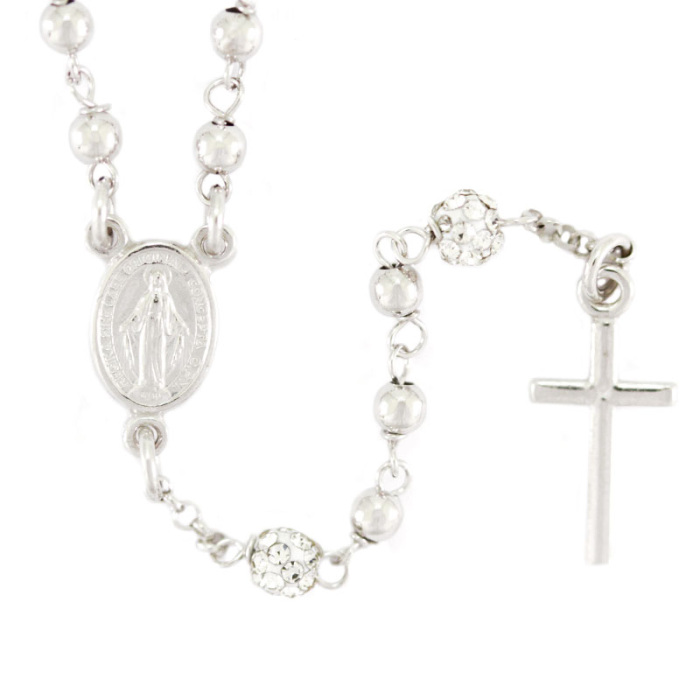 Rosario argento rodiato con strass Grano 3 mm