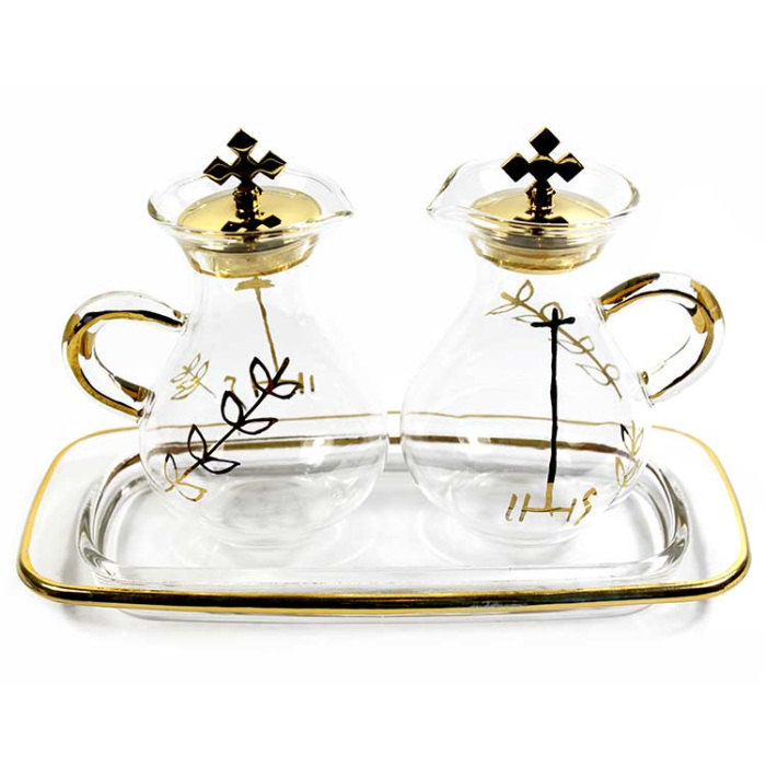 Conjunto Vinajeras vidrio con decoración Bandeja 20x9 cm Conjunto Vinajeras vidrio con decoración Bandeja 20x9 cm