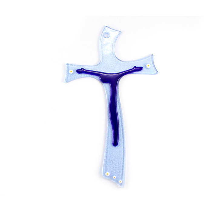 Crucifijo Murano blanco y azul 32x18 cm