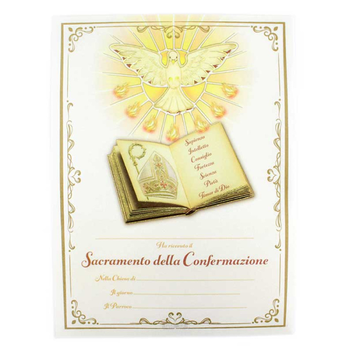 Pergamena Confermazione Colomba e libro oro a caldo 18x24 cm Pergamena Confermazione Colomba e libro oro a caldo 18x24 cm