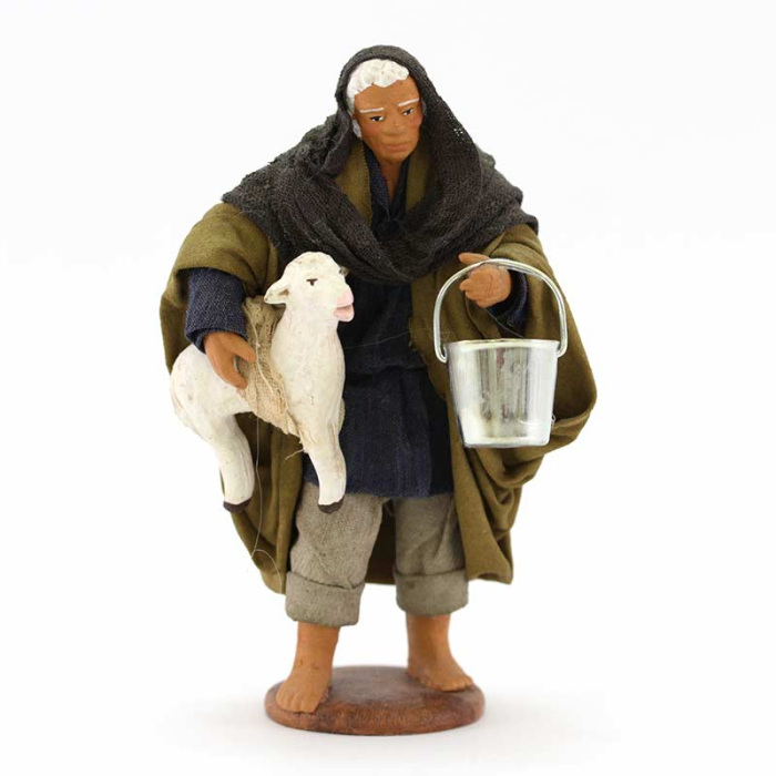 Terracotta and Clothing Man with Bucket and Sheep 12 cm