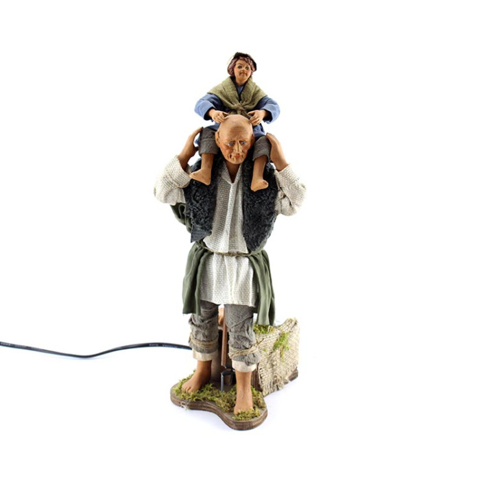 Terracotta and Clothing Moving Man with Piggyback Child 24 cm