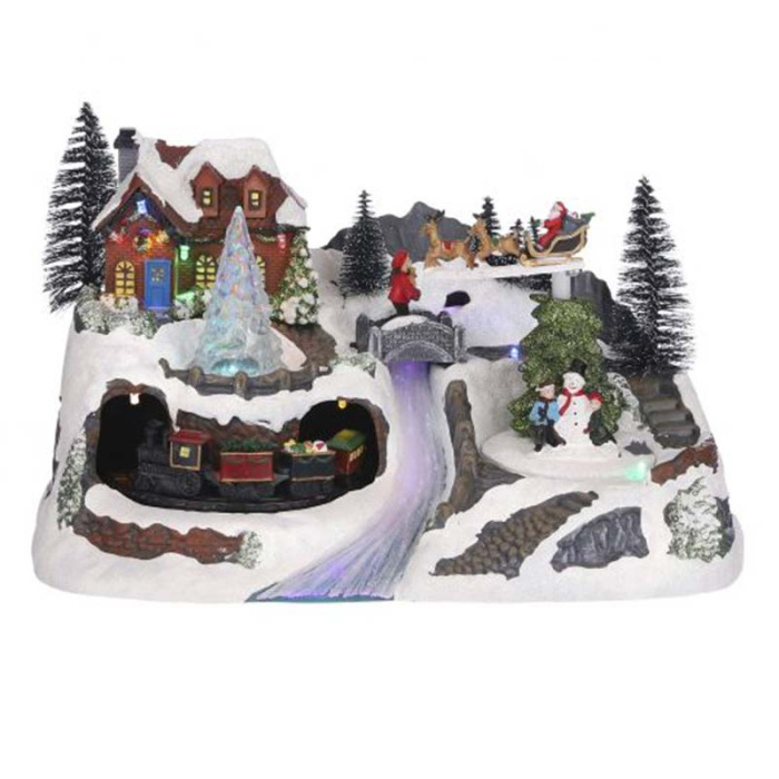 Villaggio Natalizio fiume luminoso e treno a movimento 20x31x19 cm Luville