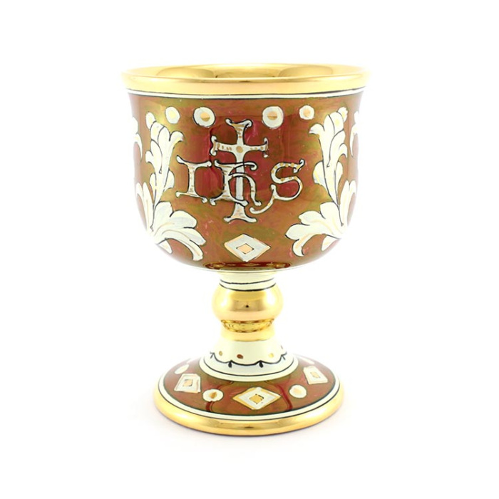 Cáliz de cerámica con decoración de Ihs y lirios 15 cm Cáliz de cerámica con decoración de Ihs y lirios 15 cm