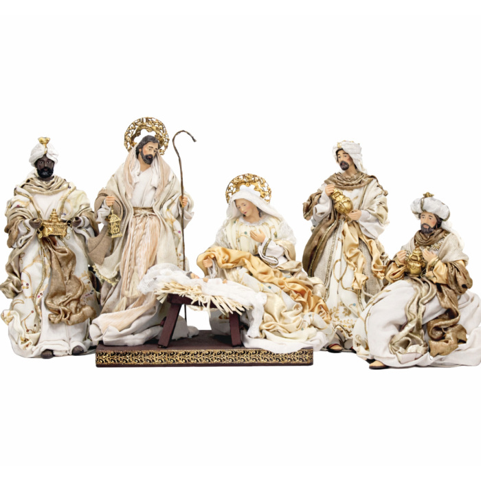 Natività resina e stoffa beige e oro 37 cm 6 pezzi Natività resina e stoffa beige e oro 37 cm 6 pezzi