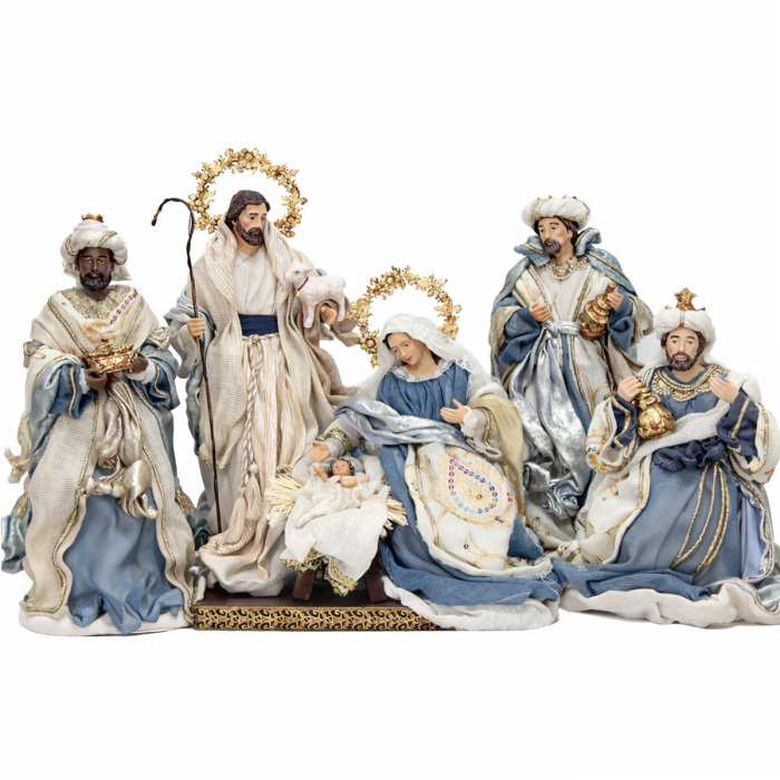 Nativity scene in resin and fabric beige and light blue 37 cm 6 pieces Nativity scene in resin and fabric beige and light blue 37 cm 6 pieces