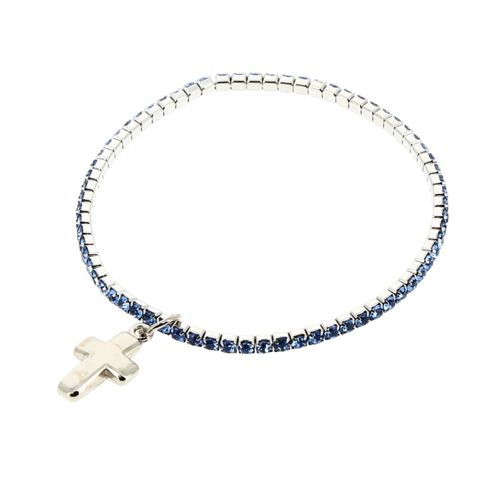 Bracciale Elasticizzato con Croce pendente e Strass Celesti Bracciale Elasticizzato con Croce pendente e Strass Celesti