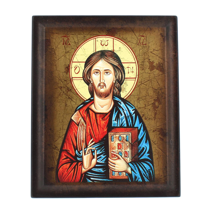 Icono Cristo Pantocrátor estilo bizantino sobre madera 20,6x25,5 cm