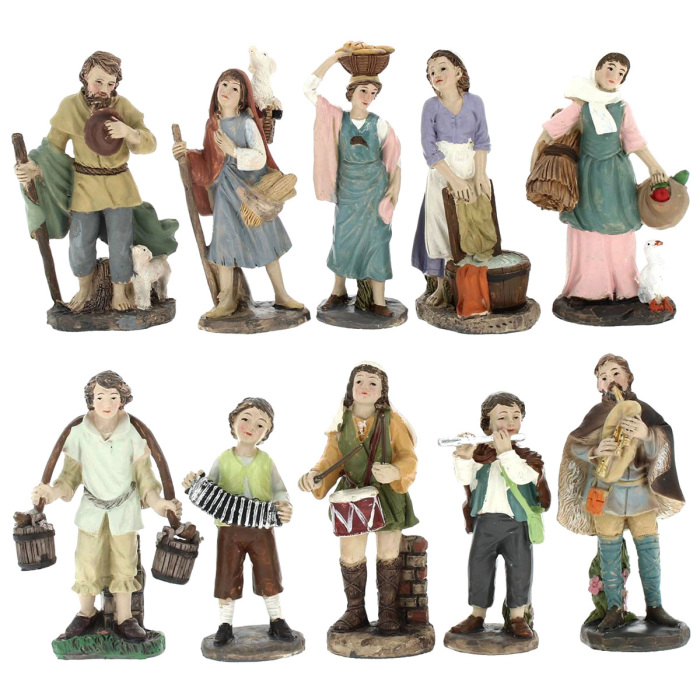 Group of 10 assorted shepherds in painted resin 11 cm