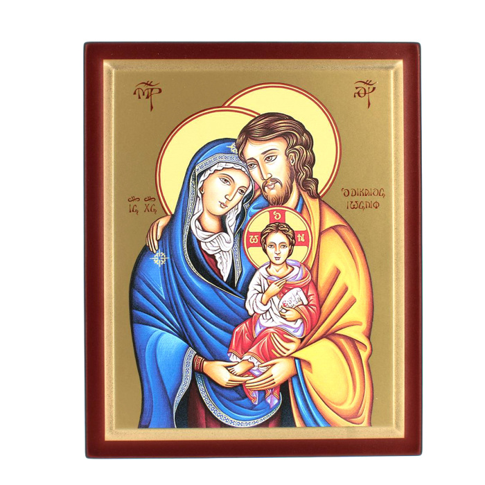 Icona Sacra Famiglia stile bizantino su legno 20,6x25,5 cm