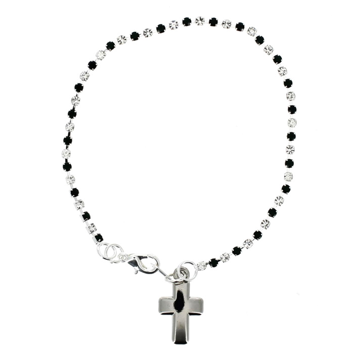 Pulsera con cruz colgante strass negros y blancos