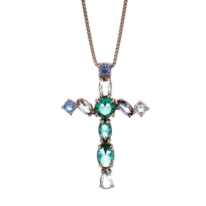 Collana argento ramato Croce con Zirconi Multicolor 22x31 mm Realis