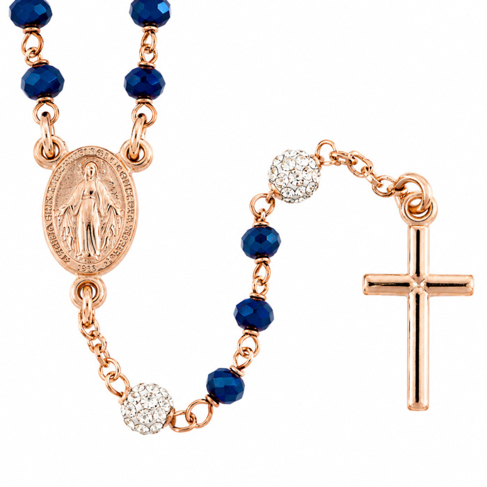 Copper-Plated Silver Rosary Necklace with Blue Crystal Beads 3 mm