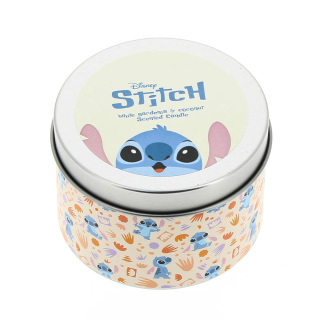 Vela Stitch en caja de metal con fragancia de gardenia y coco
