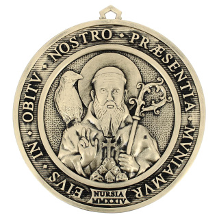 Medalla de pared de San Benito en resina bronceada diámetro 19,5 cm