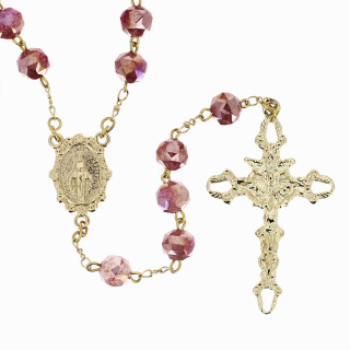 Golden Rosary with Pink Faceted Glass Beads 8 mm