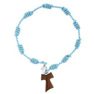 Pulsera Rosario Tau con Cordón Celeste y Cruz Tau de Madera