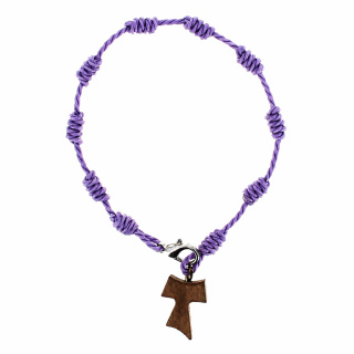 Pulsera Rosario Tau con Cordón Lila y Cruz Tau de Madera