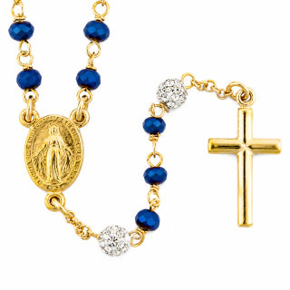 Rosario Collana Argento Dorato Grani Cristallo Blu 3 mm
