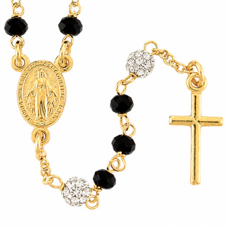 Rosario Collana Argento Dorato Grani Cristallo Nero 3 mm