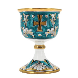 Ceramic chalice with cross and lilies water green 15 cm