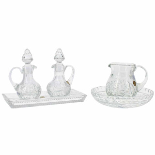 Juego de vinajeras con jarra de cristal